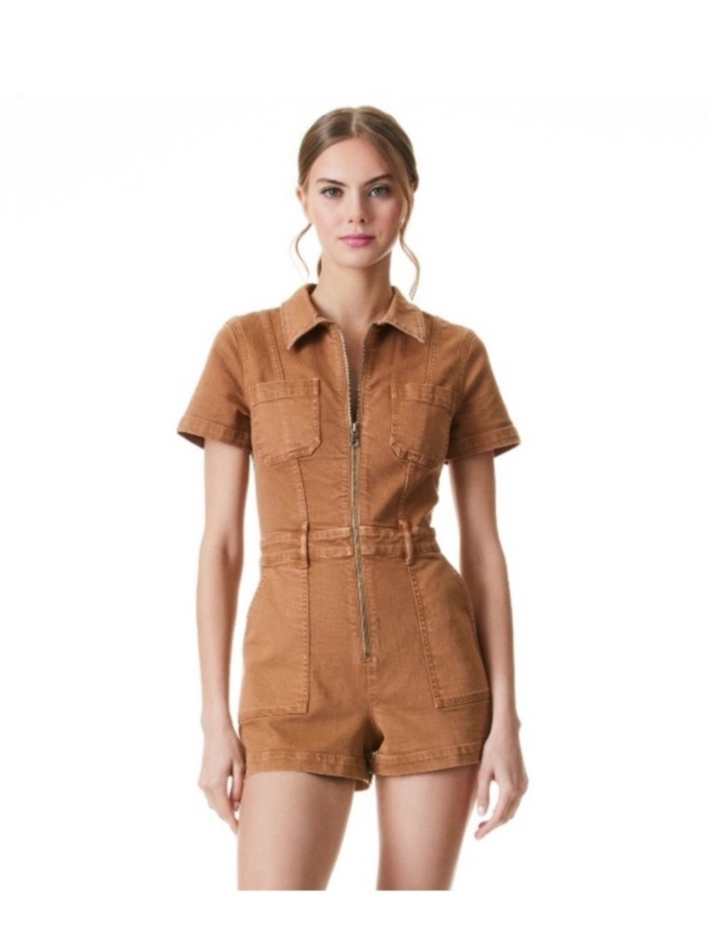 Alice + Olivia Short Sleeve Zip-Front Denim Romper in Burnt Orange